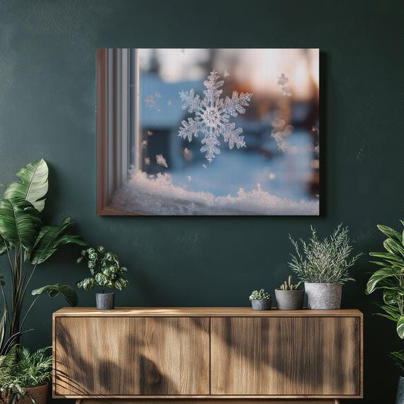 Snowflake Macro Canvas Wall Art Frosted Window Ice Crystal Photo Winter Scene Photography Minimalist Decor Blue White Nature Print Modern