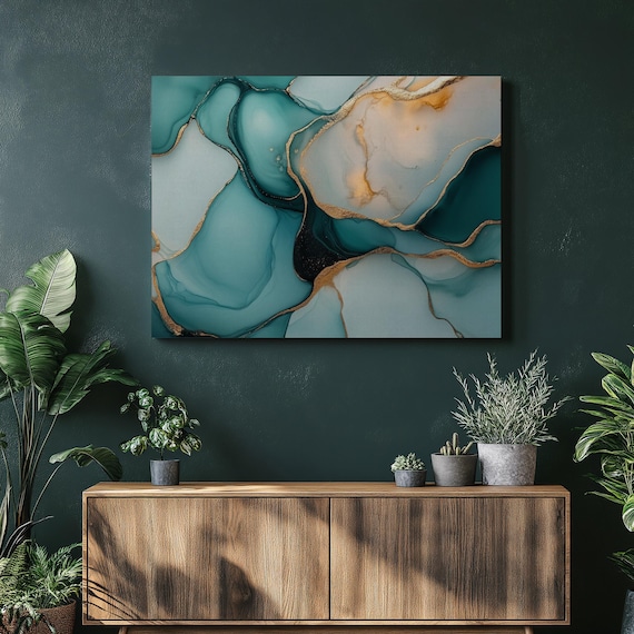 Teal Ivory Abstract Canvas Wall Art Modern Alcohol Ink Painting With Gold Accents Ready To Hang Fluid For Living Room Office Decor