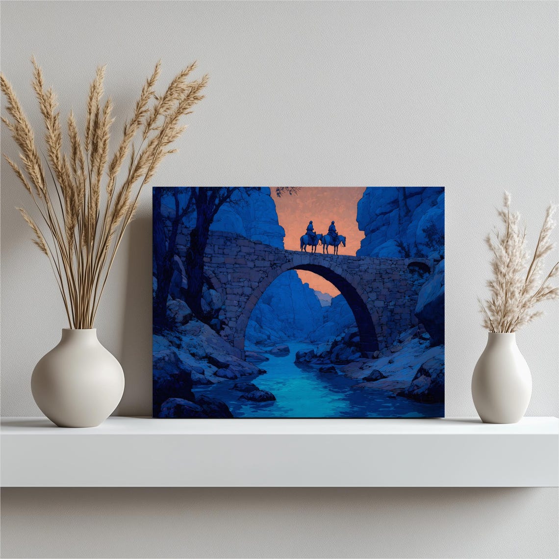 Western Canyon Riders Stone Arch Bridge Sunset Illustrated Art Poster