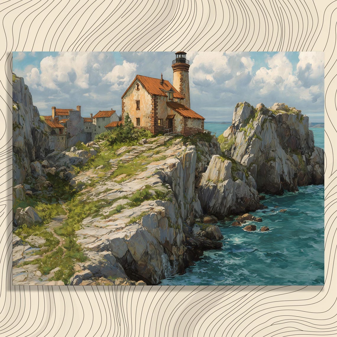 Lighthouse Coastal Village Rocky Cliffs Seascape Nautical Poster