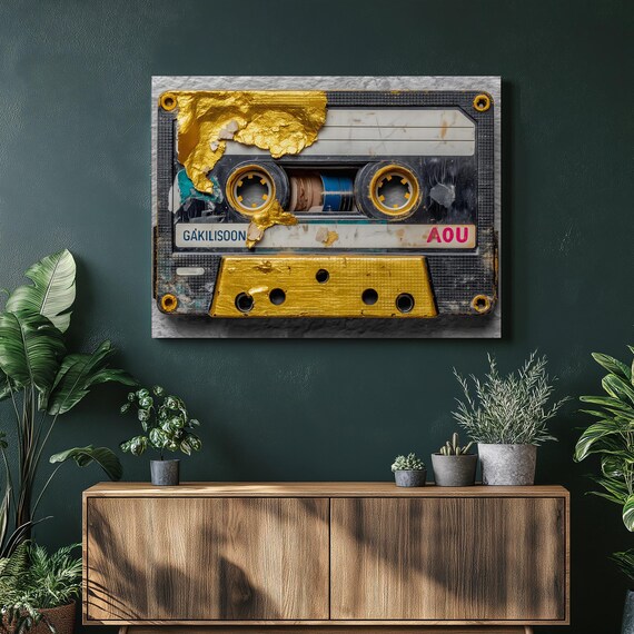 Retro Cassette Tape Gold Leaf Distressed Mixed Media Music Poster