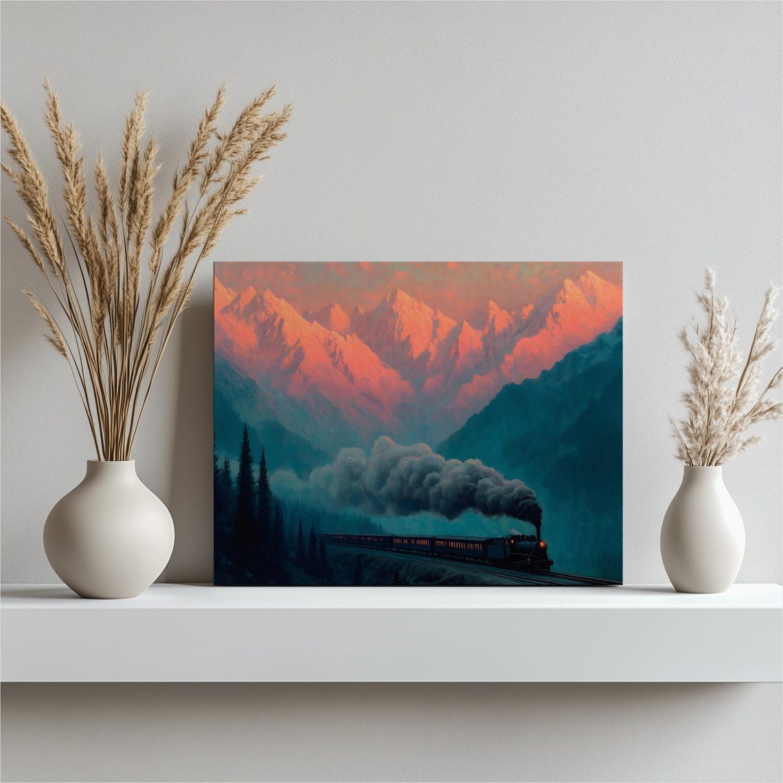 Vintage Steam Train Sunset Mountain Railway Pink Peaks Art Poster