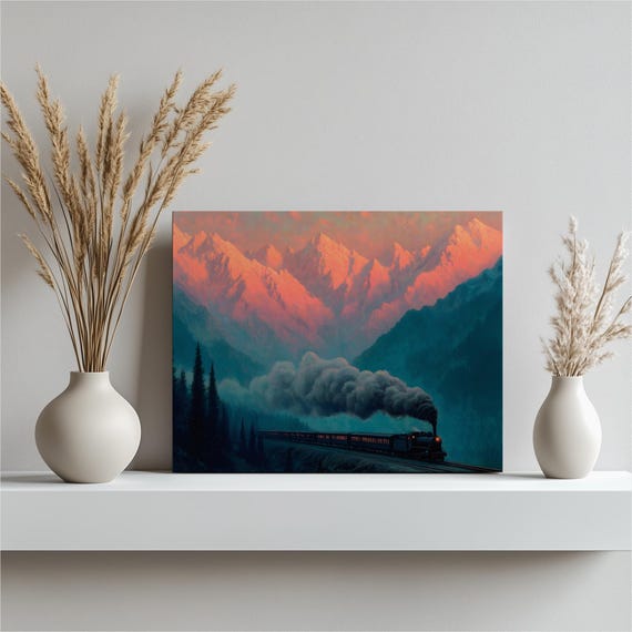 Vintage Steam Train Canvas Wall Art Sunset Mountain Railway Print Rustic Landscape Painting Decor Gift For Enthusiasts