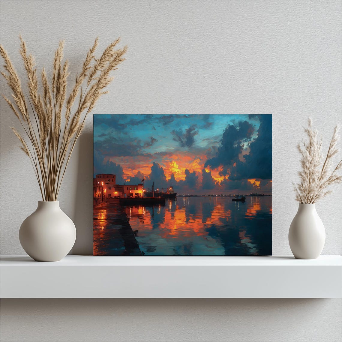 Sunset Harbor Boats Marina Glowing Water Impressionist Painting Poster