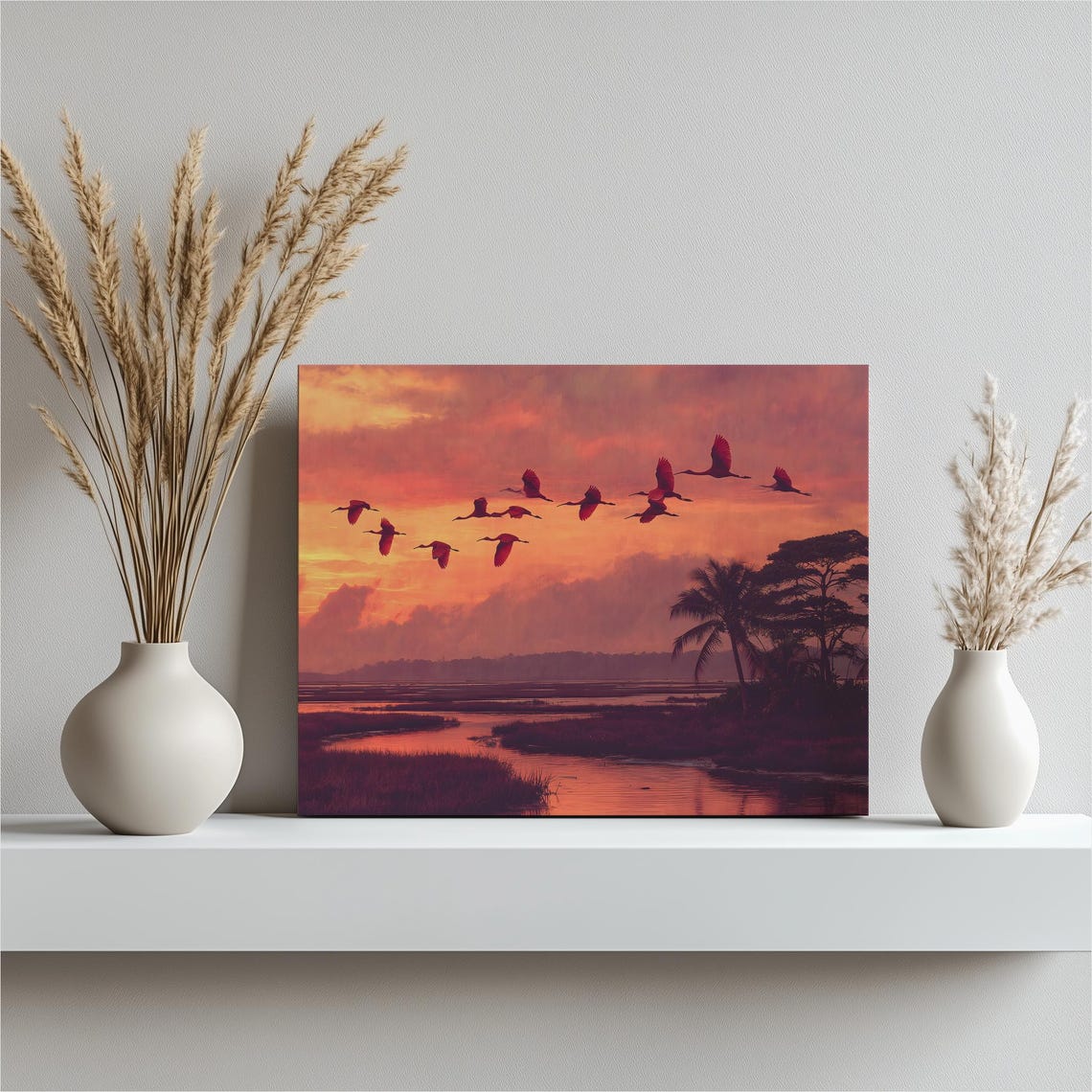 Flying Birds Sunset Marsh Golden Orange Sky Scenic Serene Wall Art