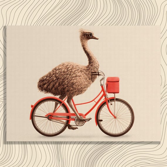 Quirky Emu Canvas Wall Art Funny Animal Print Bicycle Decor Bird Gift Nature Lovers Unique Vintage Cycle Illustration Poster
