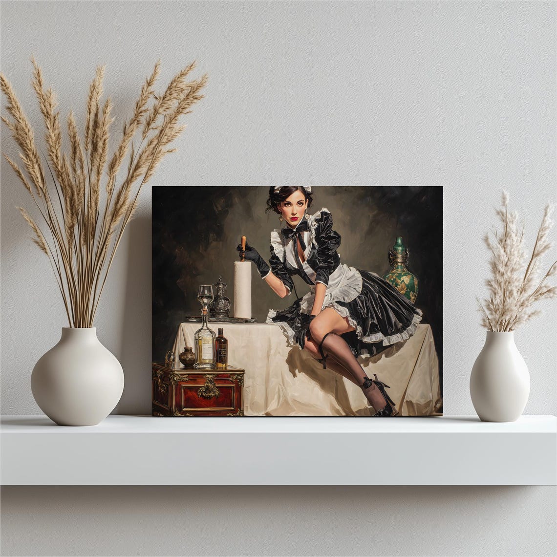 French Maid Pinup Classic Vintage Boudoir Style Painting Wall Art