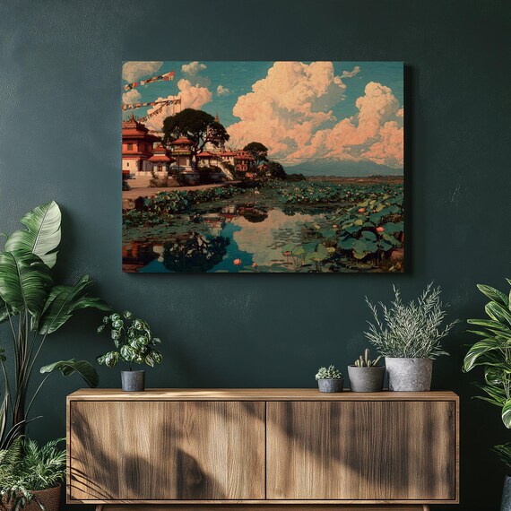 Zen Temple Pond Prayer Flags Lotus Reflection Asian Landscape Poster