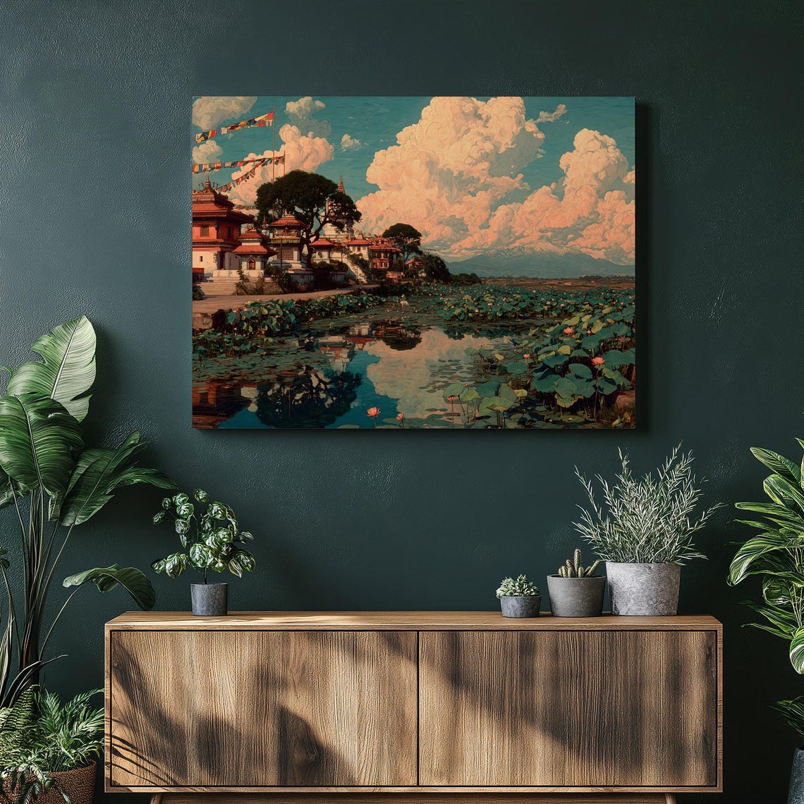 Zen Temple Pond Prayer Flags Lotus Reflection Asian Landscape Poster