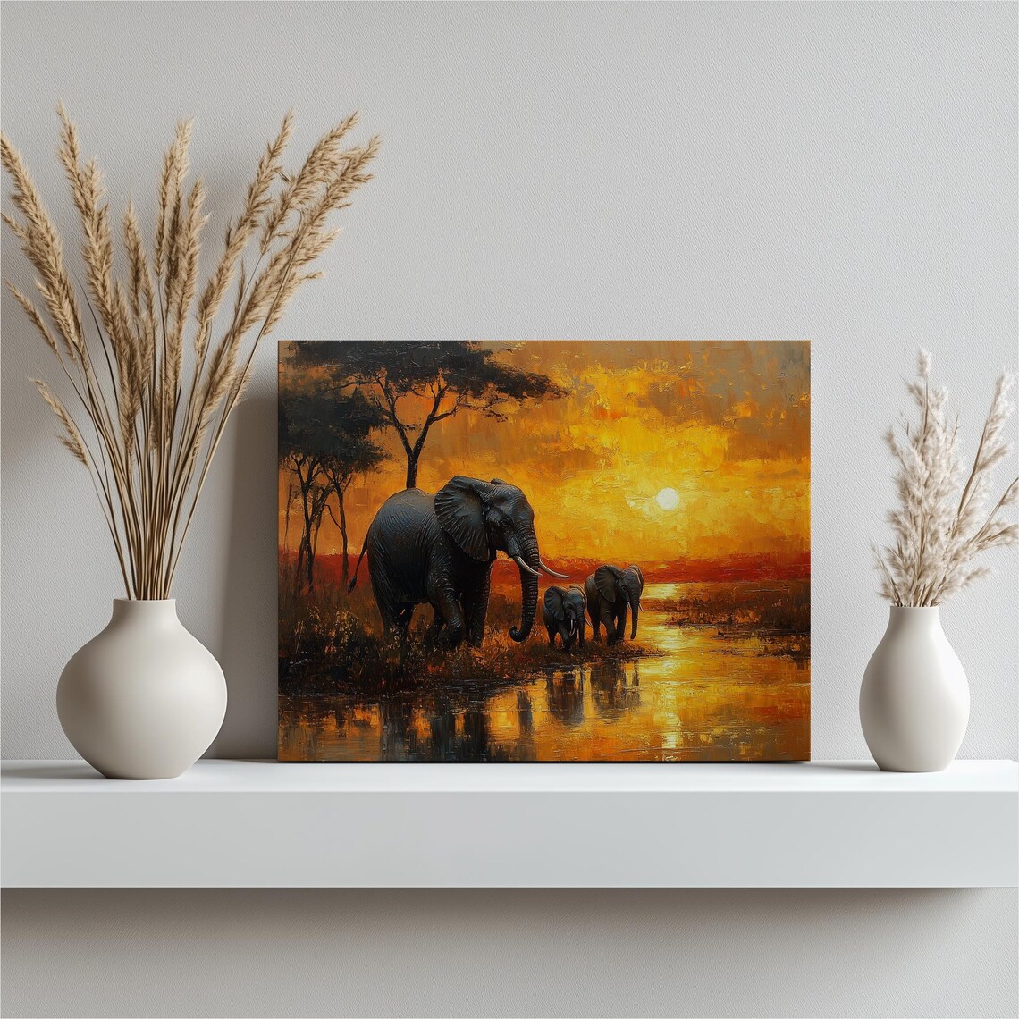 Elephants at Sunrise Mother and Calves African Savanna Golden Wildlife Wall Art