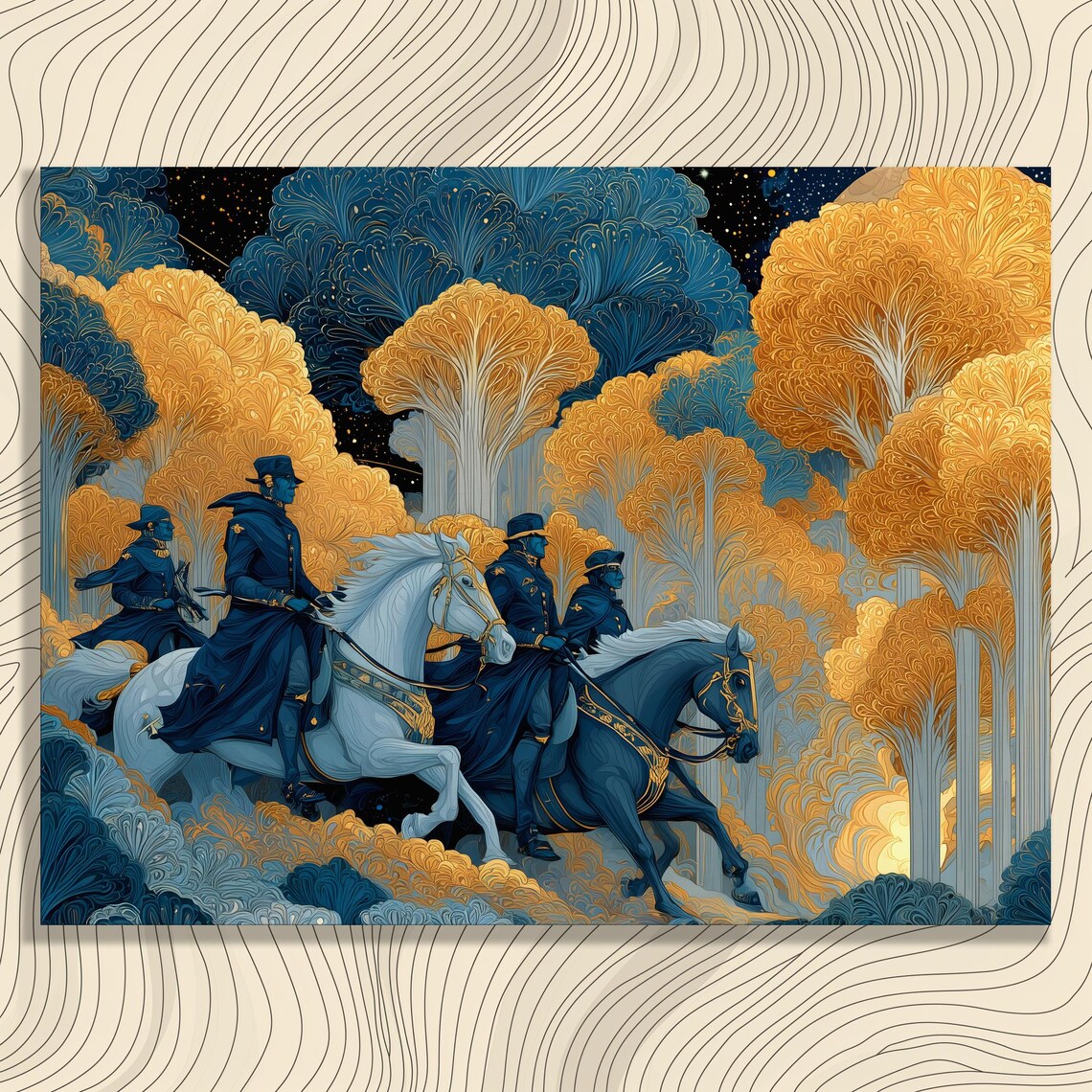 Enchanting Riders Golden Forest Night Surreal Horse Journey Art Poster