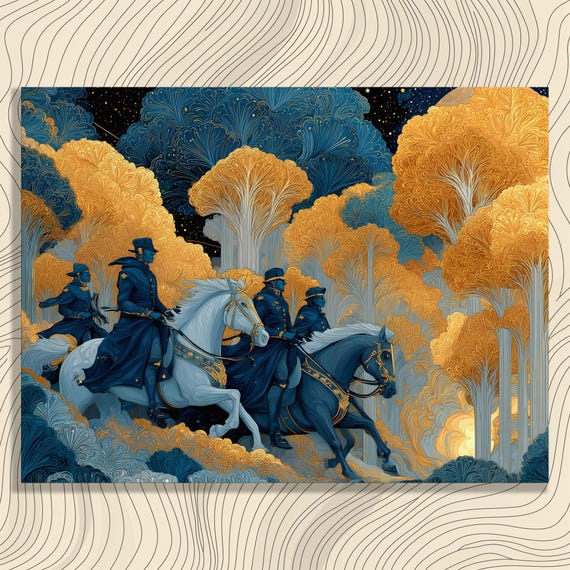 Enchanting Riders Canvas Wall Art Surreal Forest Journey Print Mystical Horseback Adventure Decor Blue Gold Abstract Painting