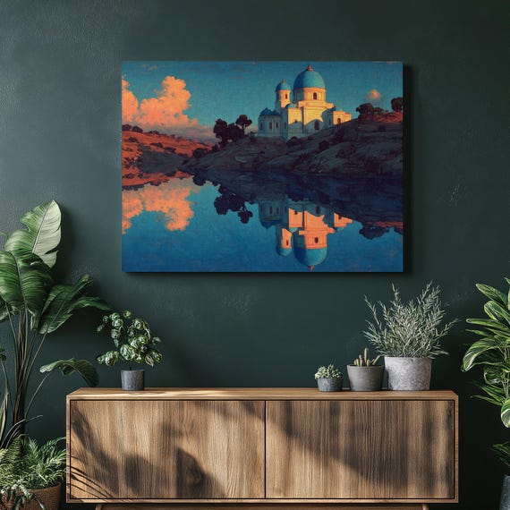 Mosque Reflection Canvas Wall Art Colorful Sunset Lake Landscape Blue Dome Architecture Serene Water Contemporary Print