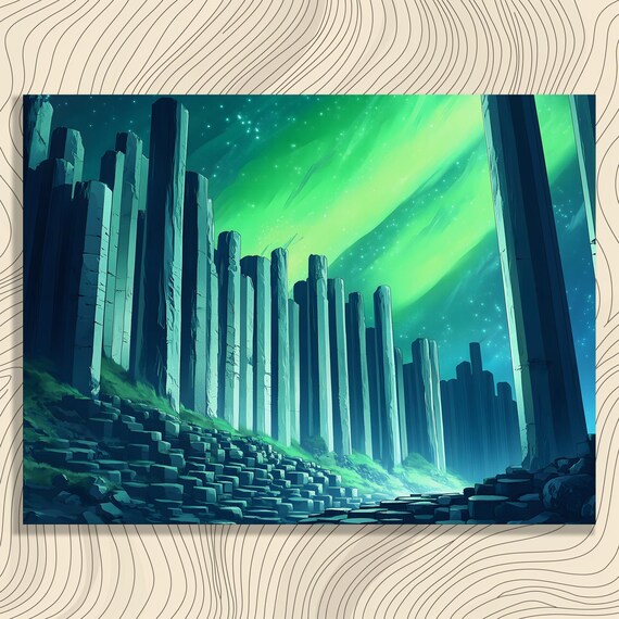 Surreal Aurora Sky Canvas Wall Art Vibrant Colors Dreamlike Scenery Mystical Fantasy Landscape Towering Stone Pillars Under Starry Night