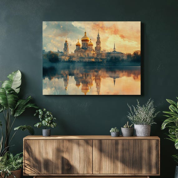 Golden Domed Cathedral Canvas Wall Art Sunset River Reflection Cityscape Print Of Gilded Spires And Serene Skyline Decor Landmark