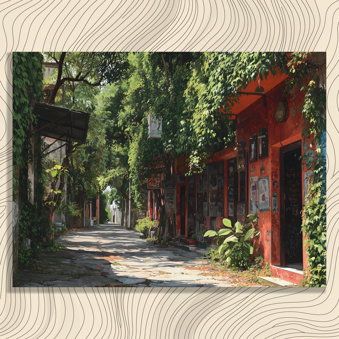 Tropical Ivy Alley Red Buildings Sunlit Old Town Street Art Poster