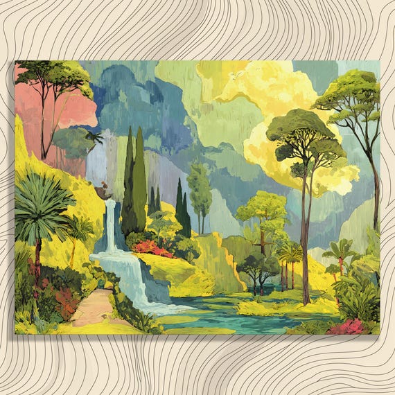 Vibrant Waterfall Landscape Canvas Wall Art Colorful Impressionist Nature Painting Green Forest Scenery Print