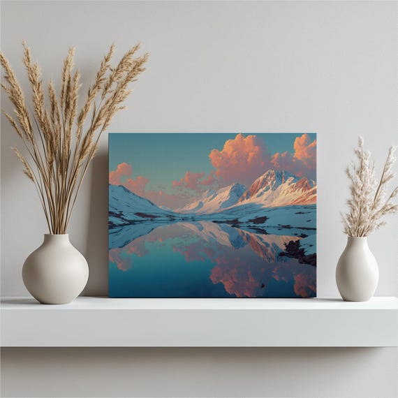 Snowy Mountain Canvas Wall Art Snow Reflection Lake Sunset Landscape Panoramic Scenic Print Tranquil Nature Decor