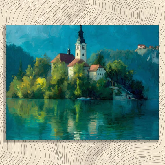 Colorful Island Church Canvas Wall Art Mountain Landscape Lake Bled Nature Print Contemporary Blue Green Reflective Water Scenery