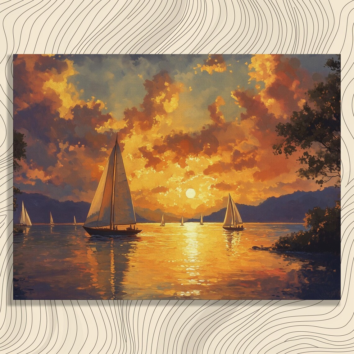 Sailboats on Golden Lake at Sunset Vintage Oil Painting Poster