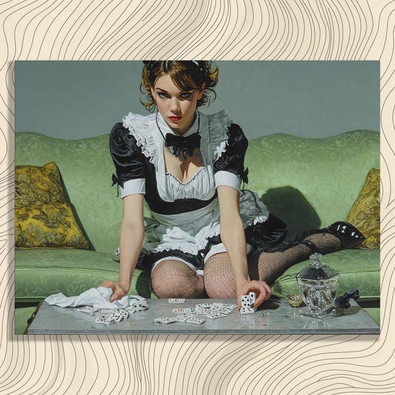 French Maid Domino Canvas Wall Art Modern Photorealistic Portrait With Green Couch Coffee Table Glass Candy Jar And Fishnet Stockings