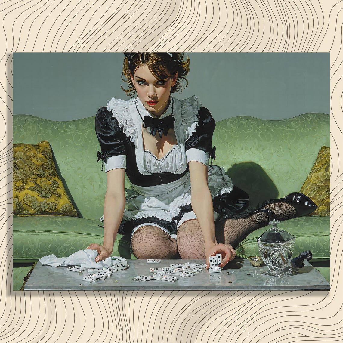 French Maid Pin Up Girl Playing Dominoes Retro Vintage Wall Art