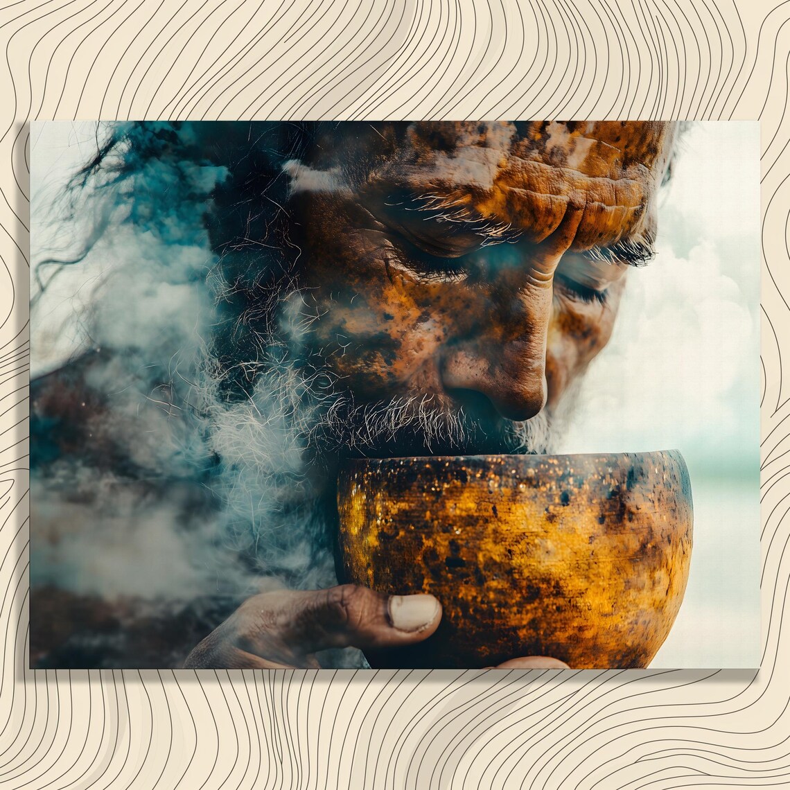 Contemplative Elder Drinking Rustic Bowl Smoky Portrait Painterly Print