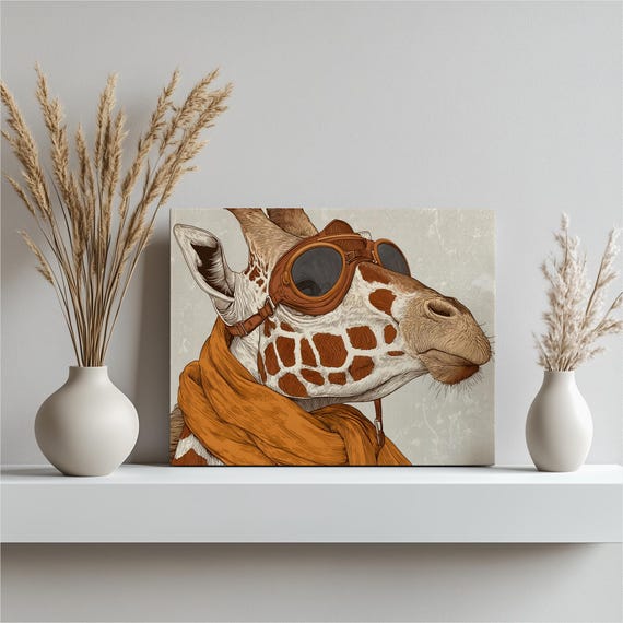 Giraffe Aviator Retro Canvas Wall Art Midcentury Modern Whimsical Wildlife Illustration Goggles Orange Scarf Safari