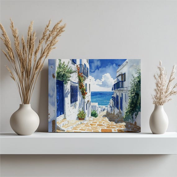 Enchanting Tunisia Canvas Wall Art Sidi Bou Said Mediterranean Scene Cobblestone Street Architecture Sky Sea Home Office Bedroom Decoration