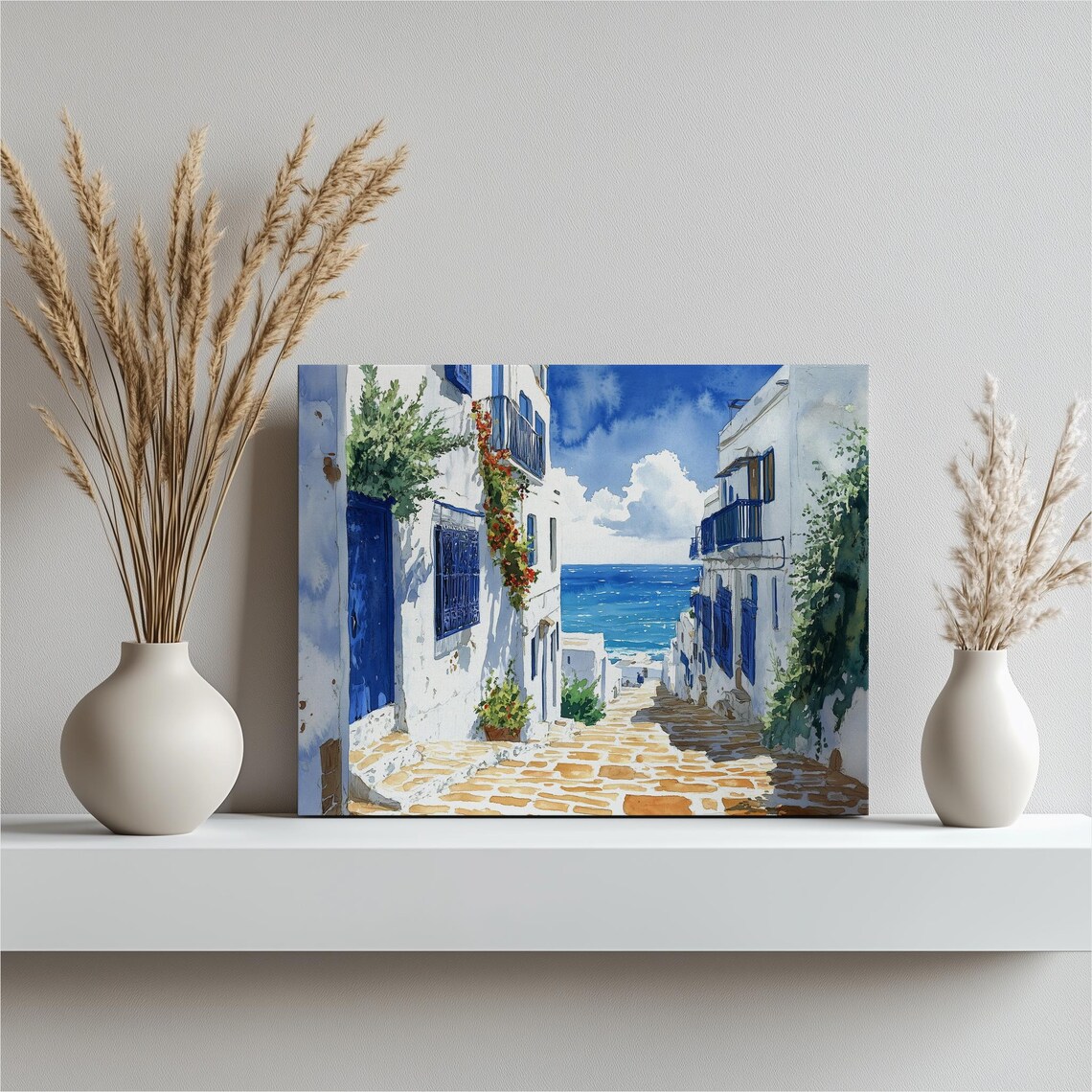 Mediterranean Coastal Village Street Watercolor Poster With Blue Doors