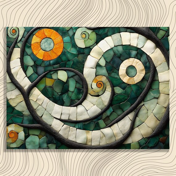 Vibrant Abstract Mosaic Canvas Wall Art Green Orange Organic Pattern Print For Home Decor Gift Nouveau Bohemian Eclectic Swirls Design
