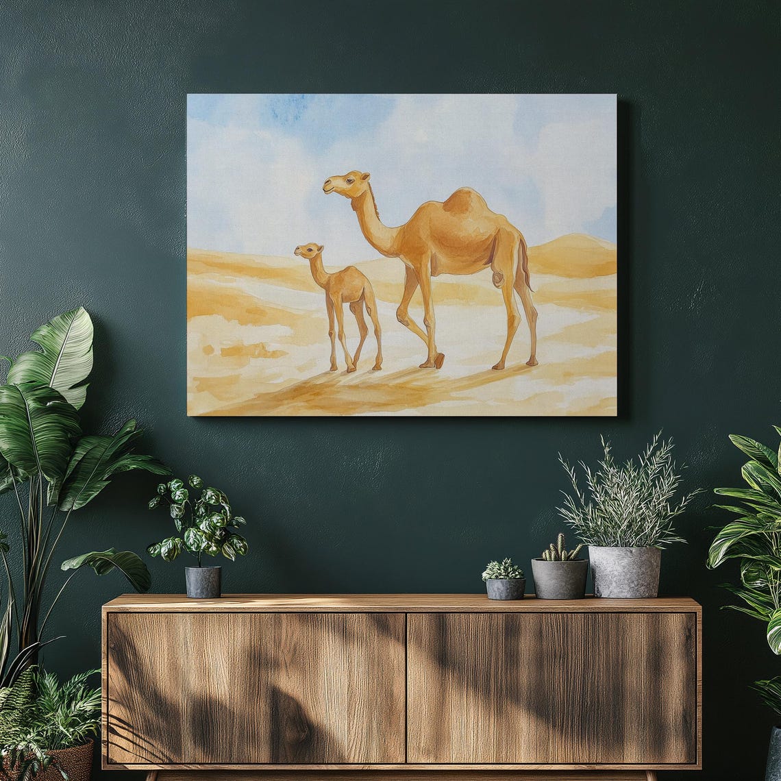 Camel Mother and Calf Walking Through Desert Dunes Watercolor Print