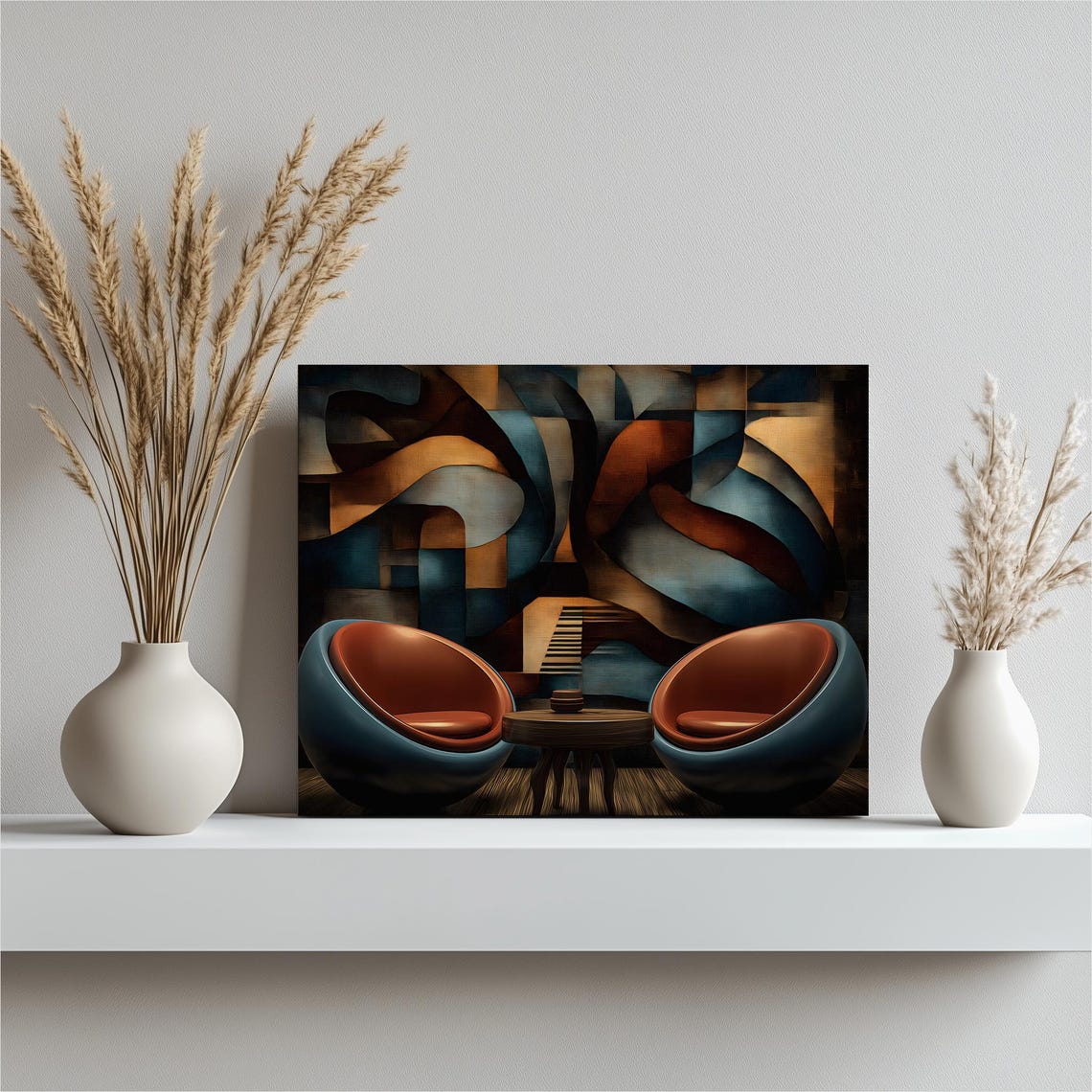 Abstract Geometric Blue Orange Cubist Lounge Chairs Art Poster