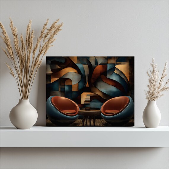 Abstract Geometric Canvas Wall Art Blue Orange Modern Decor Print Colorful Geometry Artwork Mid Century Prints Large Statement