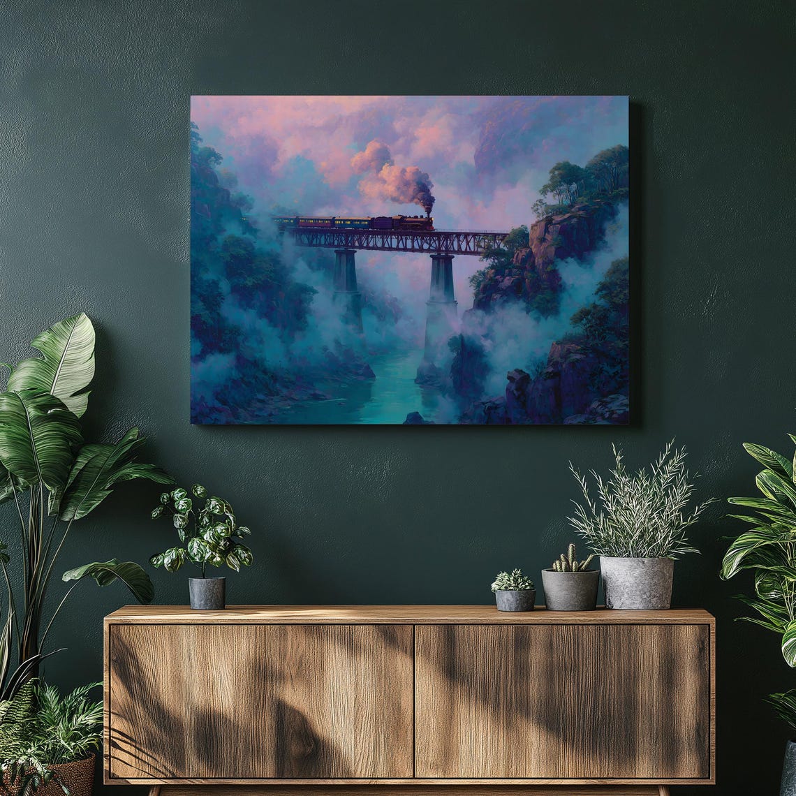 Steam Train Crossing Trestle Bridge Misty Canyon Sunset Dreamy Poster