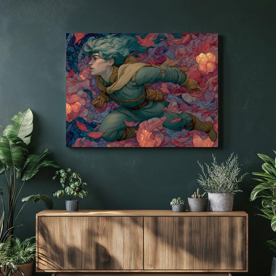 Stained Glass Runner Canvas Wall Art Nouveau Floral Fantasy Illustration With Dynamic Pose Mosaic Petals Colorful Decor Print