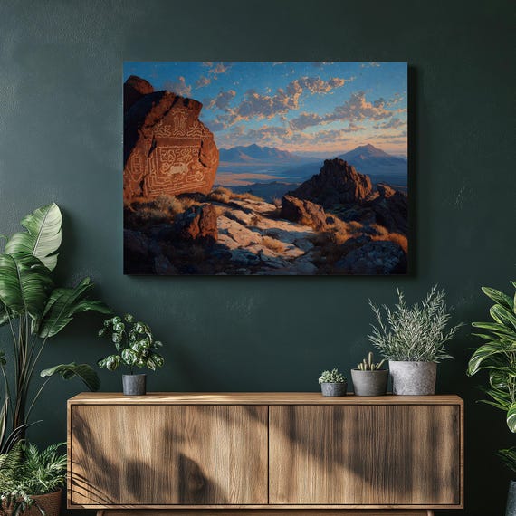Desert Sunset Petroglyphs Canvas Wall Art Traditional Mountain Landscape Painting Southwest Nature Scene Rocky Summit Sky Clouds Print