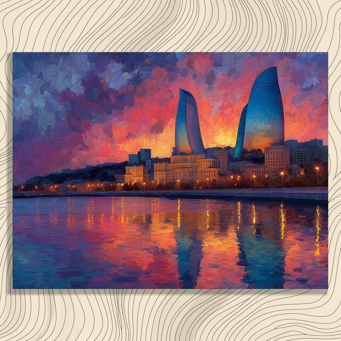 Flame Shaped Towers Sunset Reflection River Colorful Cityscape Poster