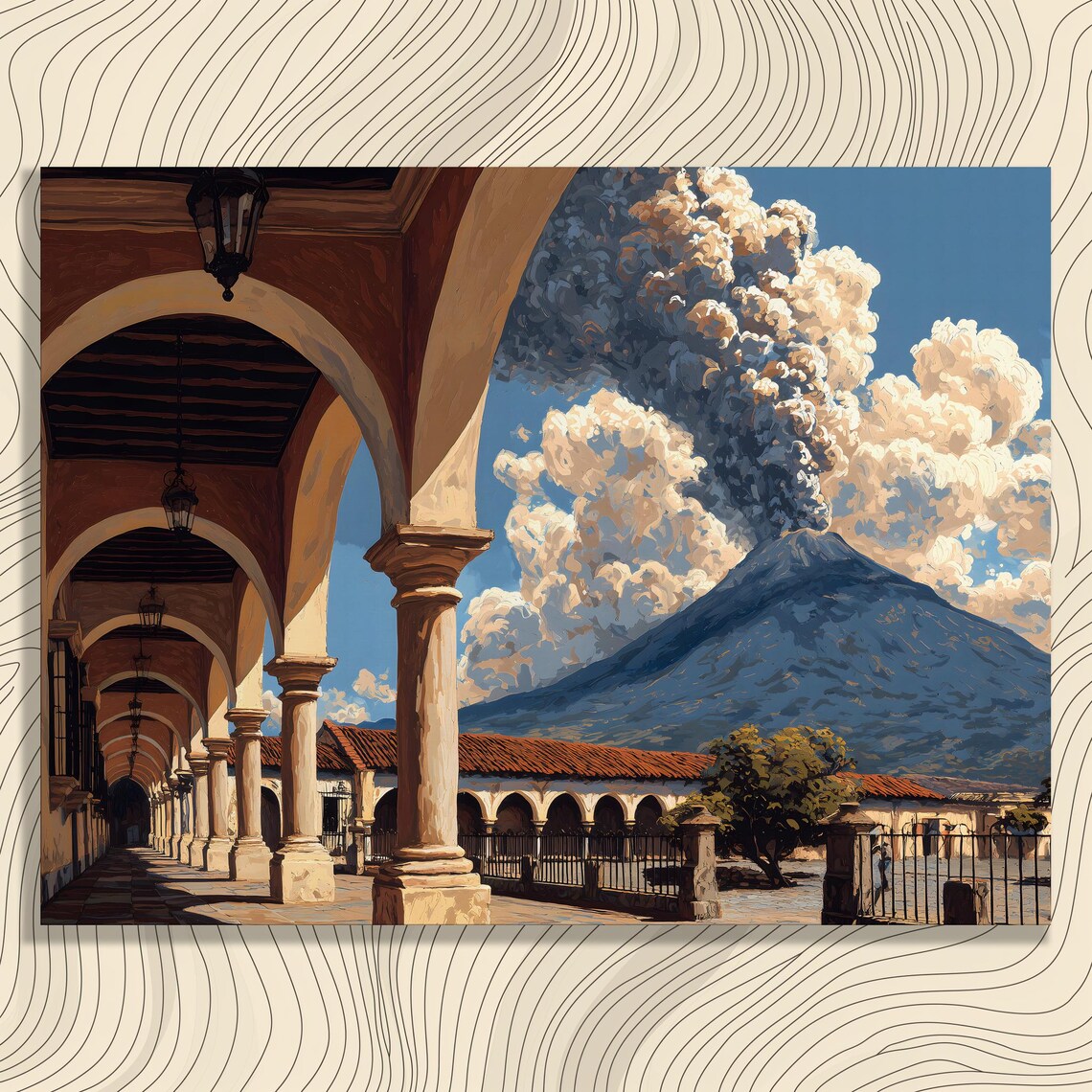 Colonial Courtyard Volcano Eruption Spanish Arches Travel Poster