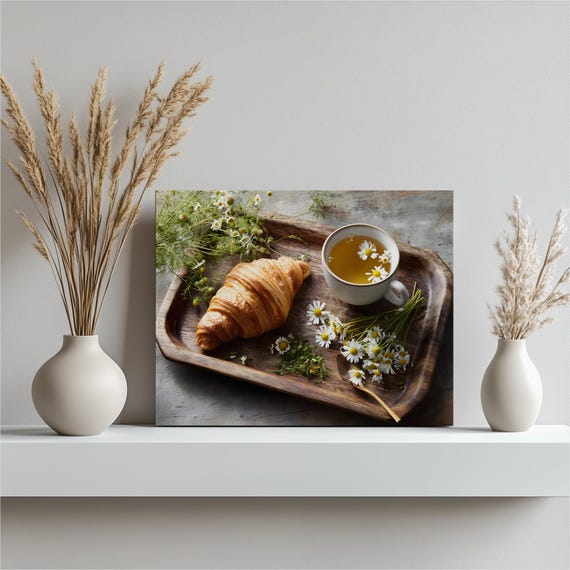 Chamomile Tea Breakfast Canvas Wall Art Rustic Farmhouse Style Minimalist Still Life With Croissant And Mug On Wood Surface Daisies