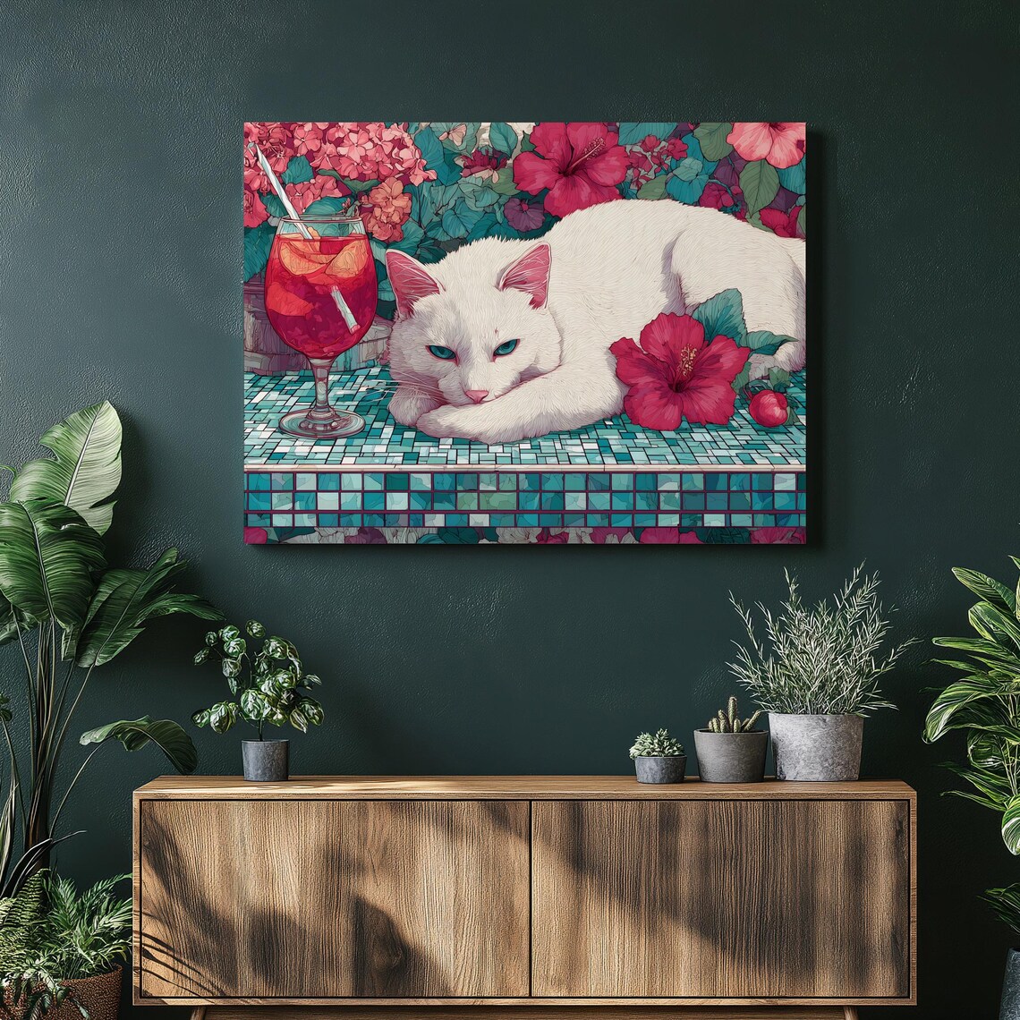 White Cat With Hibiscus Tropical Garden Cocktail Mosaic Table Print