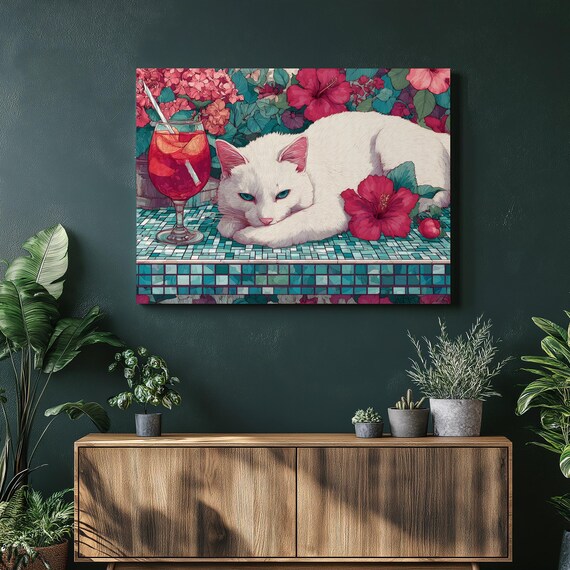 White Cat Tropical Canvas Wall Art Hibiscus Flowers Blue Hydrangea Mosaic Table Summer Drink Wine Glass Botanical Print Coastal Colorful