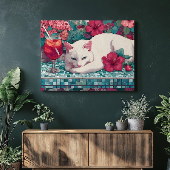 White Cat With Hibiscus Tropical Garden Cocktail Mosaic Table Print