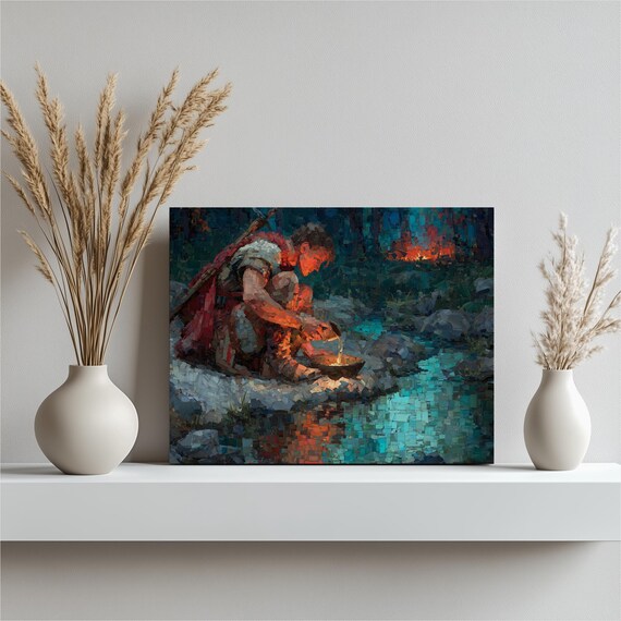 Medieval Knight by Night Stream Mosaic Style Fantasy Canvas Wall Art