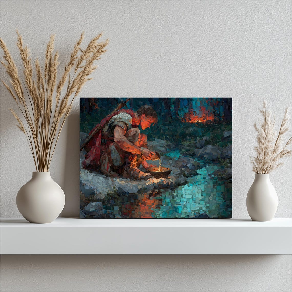 Medieval Knight by Night Stream Mosaic Style Fantasy Canvas Wall Art