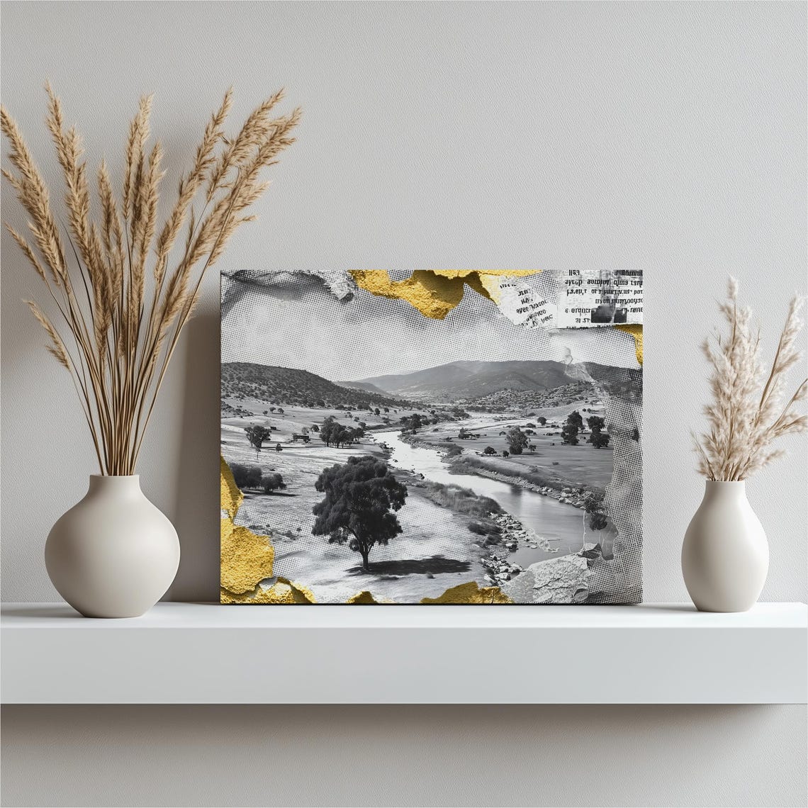 Black and White River Valley Torn Gold Leaf Mixed Media Art Poster