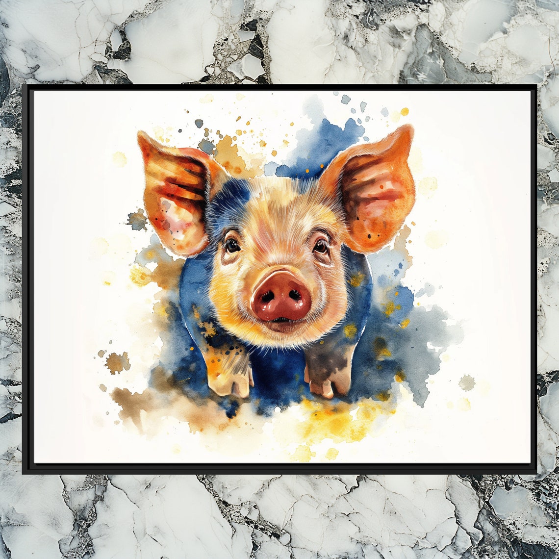 Cute Pig Watercolor Farm Animal Portrait Blue Orange Splash Poster