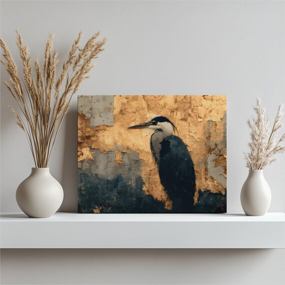 Heron Abstract Canvas Wall Art Textured Gold And Black Mixed Media Bird Painting Wildlife Decor Modern Nature Print Gallery Quality