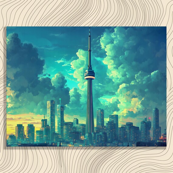 Vibrant Cityscape Canvas Wall Art Modern Tower Skyline Sunset Print Urban Architecture Impressionism Style Metropolis Horizon Decor
