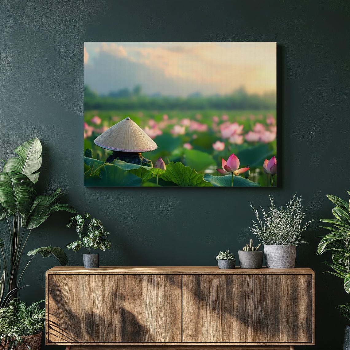 Flower Pond Canvas Wall Art Sunrise Water Lily Botanical Prints Tropical Plants Asian Decor Conical Hat Colorful